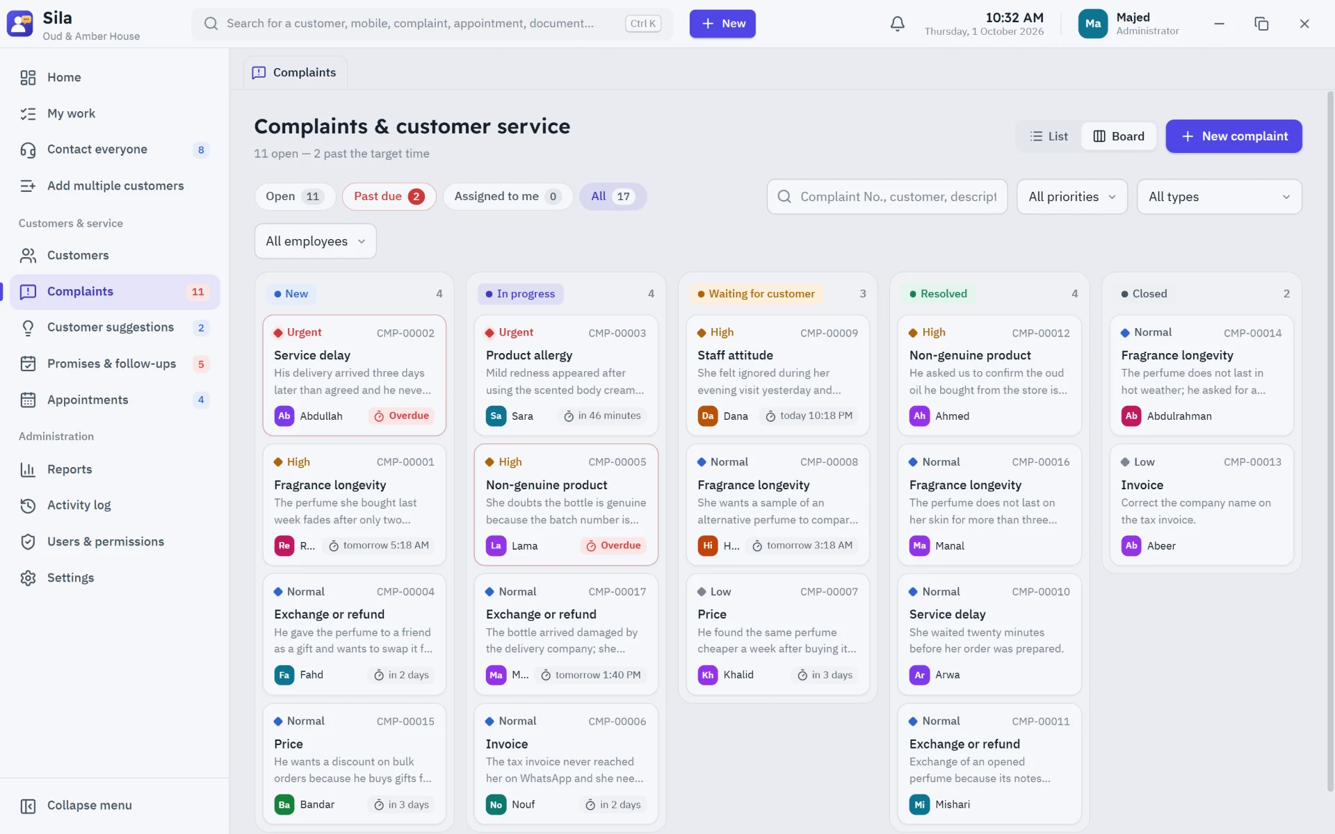 Complaints board: every complaint with its priority and target resolution time until it's solved