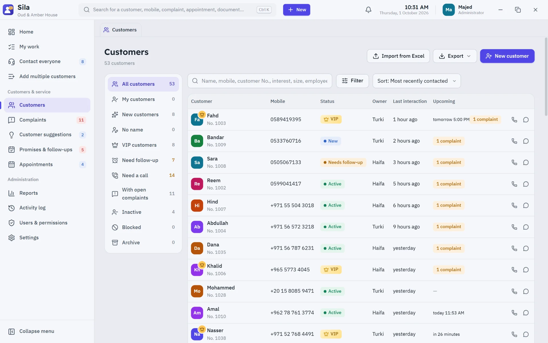 Your customer list with statuses, last contact and what's pending with each one
