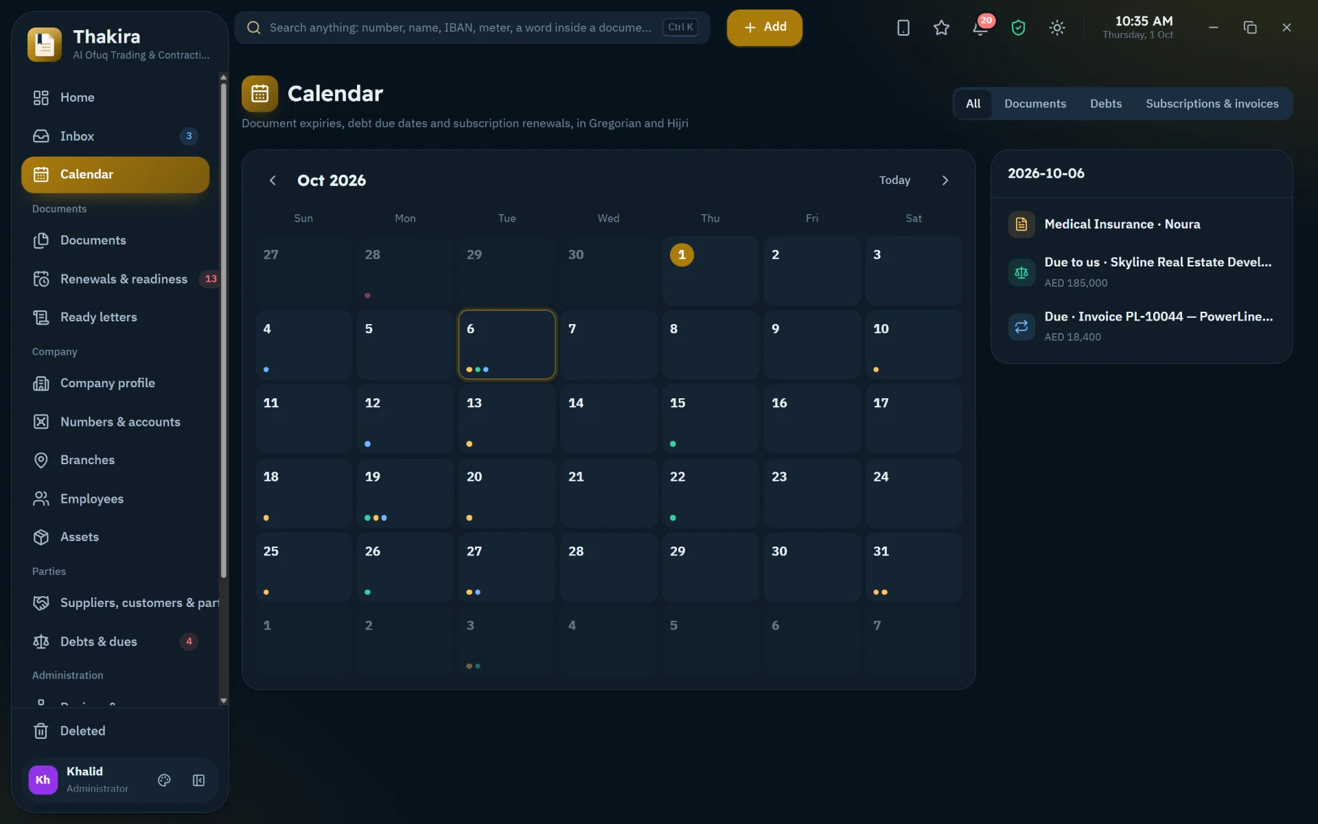 One calendar for document expiries, debt due dates and subscription renewals