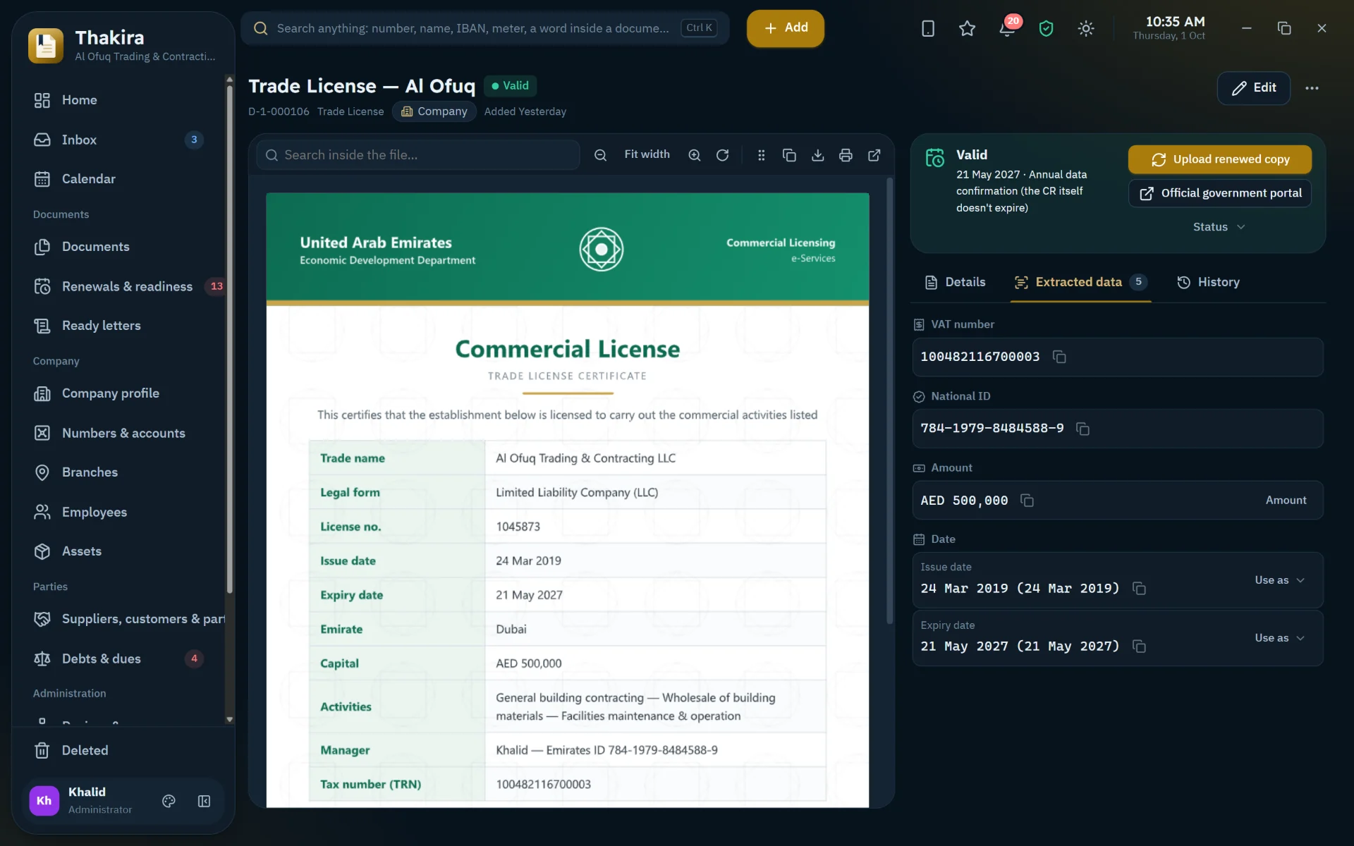 Open any document to find its numbers and dates already read and ready to copy